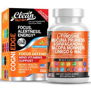 L-Tyrosine 1000mg Mucuna Pruriens 6000mg Bacopa Monnieri 500mg Ashwagandha 4000mg Focus Supplement with N-Acetyl Cysteine 600mg NAC 5-HTP Ginkgo Biloba Alpha GPC L Theanine Vitamin C D B1 B12 USA Made Edible Fitness