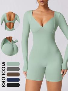NcmRyu Women's Bodysuit Long Sleeve Double Lined V Neck Slimming One-piece yoga suit Slim body and lift hips Comfort Fit Clothing Minimalist