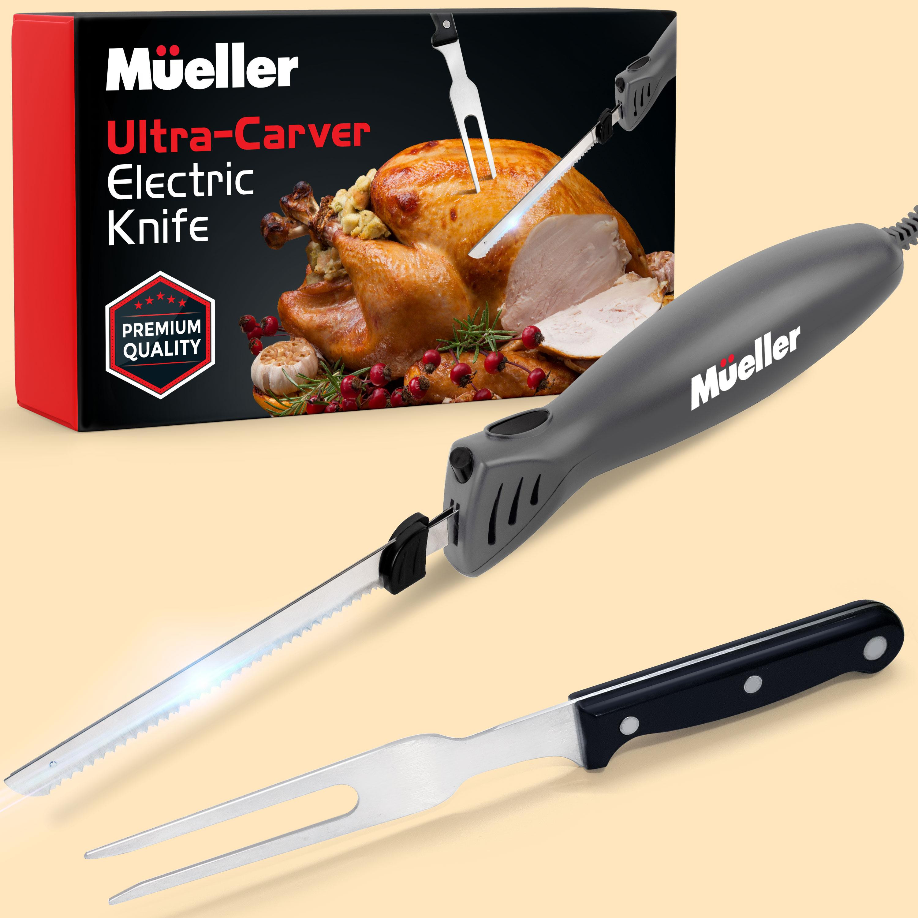 Mueller Electric Knife for Carving Meats, Bread - Stainless Steel Blades, Powerful Motor, Ergonomic Handle, Fork Included, Perfect Thanksgiving Gift