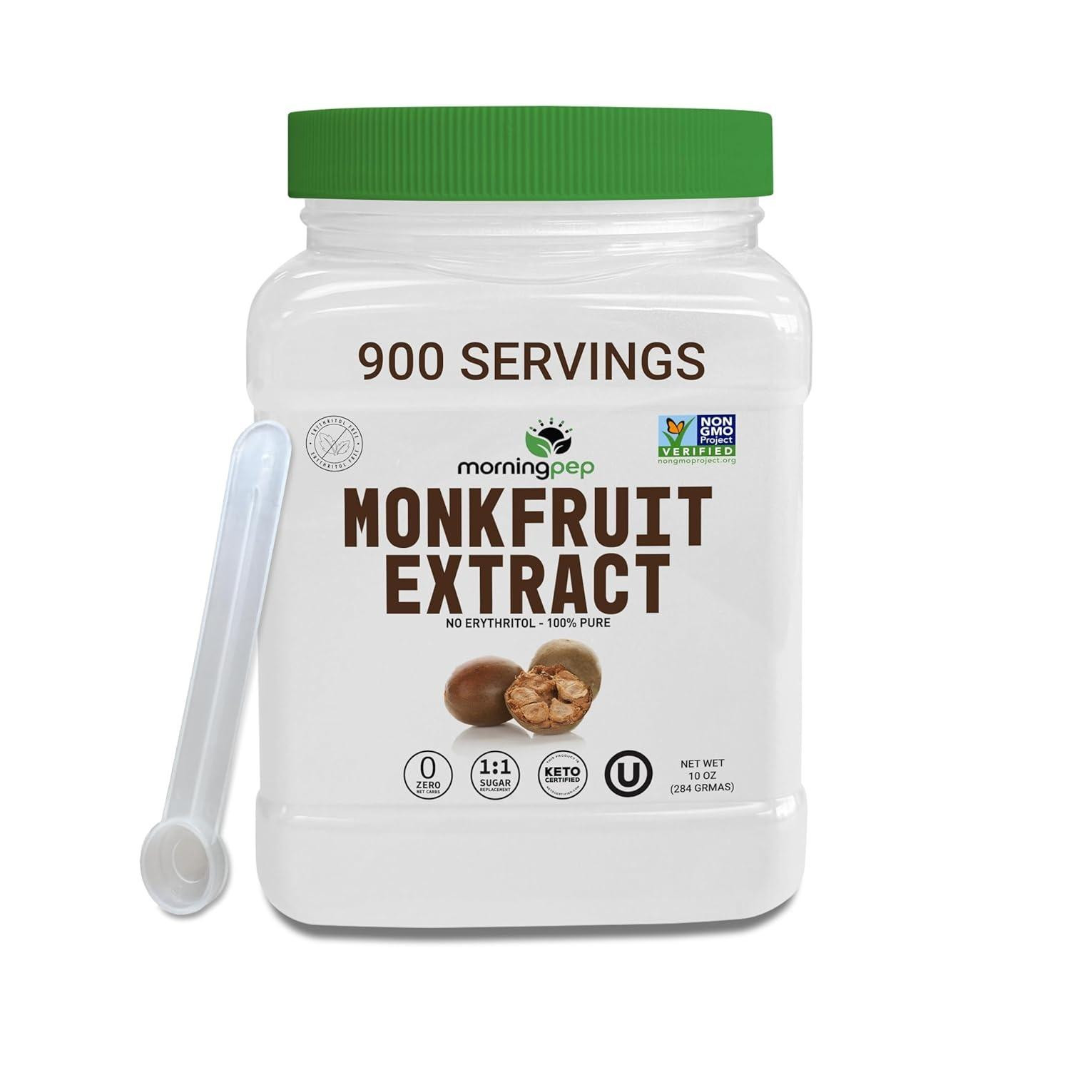 Morning Pep 100% Pure Monk Fruit extract sweetener, No Erythritol, Monkfruit Extract Powder, NON-GMO Project Verified, Keto Certified, OU kosher, No Fillers Zero Calories Sugar Natural