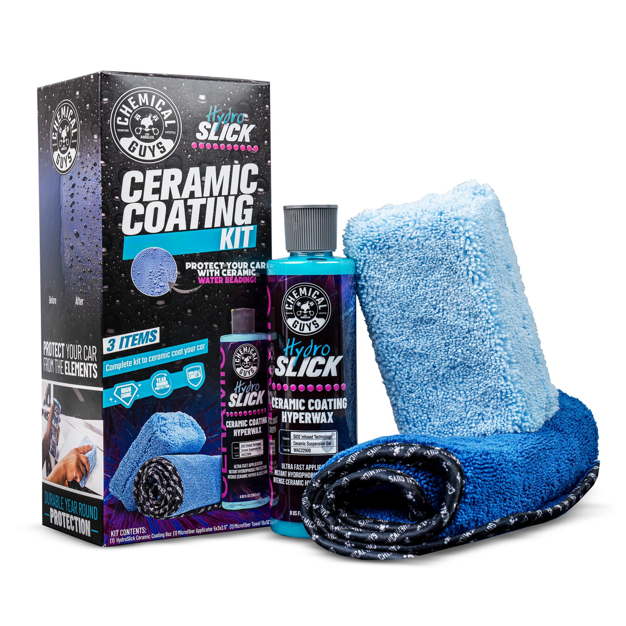 CHEMICAL GUYS HydroSlick Ceramic Coating Kit Set - HyperWax Formula for Glossy Shine, Water Repellent, Long-Lasting Car Detailing Protection | DIY Easy 1-Year Waxlike Application for Vehicles, Replaces Wax, Protect Your Car