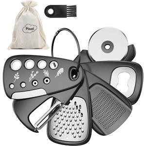 Kitchen Unique Gadgets Set 6 Pieces, Space Saving, Cheese Grater, Bottle Opener, Fruit Vegetable Peeler, Pizza Cutter, Garlic Ginger Grinder, Herb Stripper Gift Set Pisol
