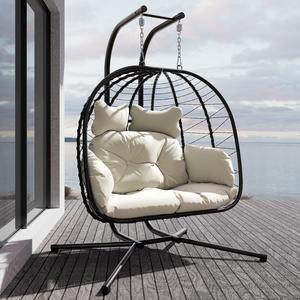 【Springtok】RIWENGO Double Egg Swing Chair with Stand Up to 600/700 lbs, Outdoor Indoor Wicker Rattan Hanging Egg Chair with Thick Cushion, Porch Swing