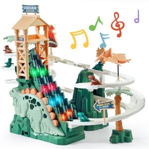 Dinosaur Chasing Race Track with Double Loop, 5 Mini Dinosaur Cars, Climbing Slide Toy with Lights & Music, Fun Stair Climbing Toy for Kids