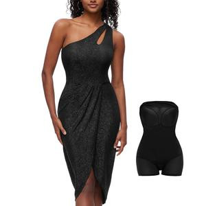 One Shoulder Bodycon Dresses with Shaper Shapewear Bodysuit -Grey