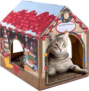 LiBa Cardboard Cat House with Scratch Pad and Catnip, Cat Bed for Indoor Cats, Cat Scratcher, Christmas Decorations Cat Gifts for Cats, Winter Market