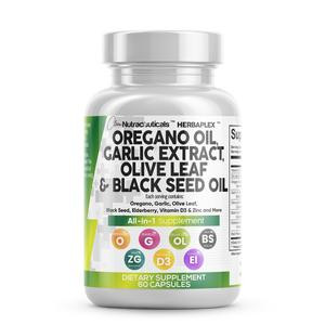 Oregano Oil 6000mg Garlic Extract 4000mg Olive Leaf 3000mg Black Seed Oil 3000mg - Support & Digestive Health Supplement for Women and Men with Vitamin D3 and Zinc -  60 Caps Fitness Dietary