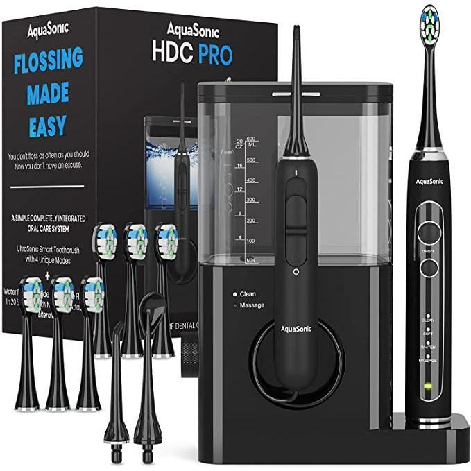 AquaSonic Home Dental Center Pro with Ultrasonic Toothbrush, Water Flosser, and 6 Brush Heads - Adjustable