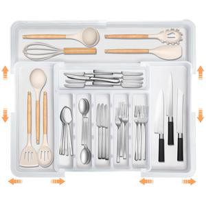 【SUHOPE】Valentine's Day  Organizer Expandable Kitchen Utensil Drawer Organizer with 9 Compartment Large Cutlery Organizer Tray for Forks Knives Plastic Transparent 13" - 22" W,14.5" - 19" L