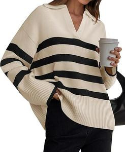 ZESICA Women's Winter Sweaters Lapel V Neck Long Sleeve Striped Chunky Knit Oversized Pullover Sweater Jumper Tops