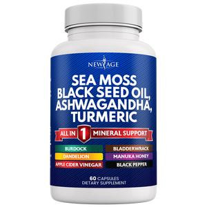 New Age Sea Moss 3000mg Black Seed Oil 2000mg Ashwagandha 1000mg Turmeric 1000mg Bladderwrack 1000mg Burdock 1000mg- with Manuka, Honey Dandelion, ACV Black Pepper Gluten Free Healthcare Supplement Dietary Edible