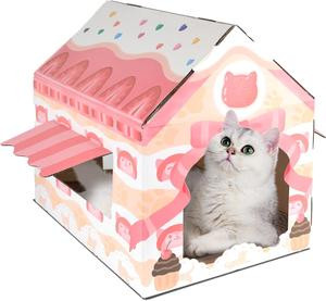 LiBa Cardboard Cat House with Scratch Pad and Catnip, Cat Scratcher for Indoor Cats, Cat Bed, Cat Scratching Toy, Cat Gifts for Cats