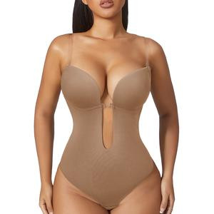 Skin Pink Backless Plunge Bodysuit with Stereoscopic Cups: Thong Shapewear for a Seamless Look Fabric Spandex Fabric Spandex full body