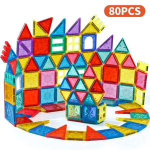 80pcs Magnetic Tiles Set - STEM Learning Building Blocks, Montessori Magnet Construction Kit, 4D Diamond Cut Design