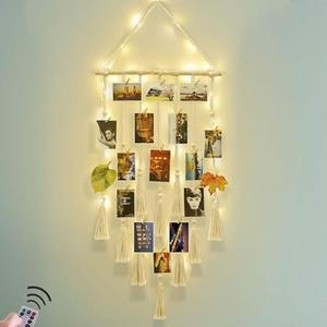 【SUHOPE】Valentine's Day for Teenage Girls, Hanging Photo Display Macrame Picture Collage Wall Decor , Boho Decor for Bedroom Apartment Dorm Room with Remote String Light, Christmas Birthday Gifts for Teenage Girls Ornaments Hangable Decoration