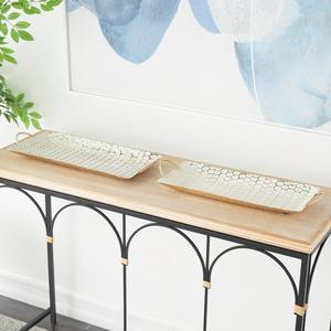 Set of 2 Geometric Gold Metal Geometric Dot Living Room Decor Tray with White Accents