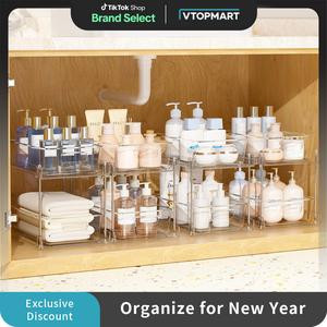 [New Year]VTOPMART 2 Tier  2-4 Pack Clear Bathroom Storage Organizer, Kitchen Pull-Out Organization with Track  For Under Sink , Medicine, Pantry