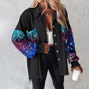 ChicMe Women's Colorblock Sequin Patchwork Long Sleeve Jacket Top Button Front Raw Hem Shacket Casual Denim Womenswear Batwing Comfortable