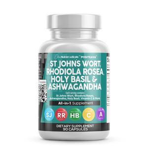 Clean Nutraceuticals St Johns Wort Rhodiola Rosea Holy Basil Ashwagandha Supplement - Mood Support for Women and Men with Vitamin C ashwagandha