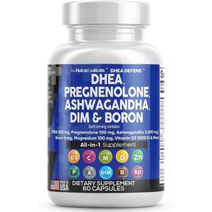 DHEA 200mg Supplement Pregnenolone 100mg for Men & Women with DIM Ashwagandha 3000mg Boron 6mg Complex Calcium Magnesium Zinc 50mg Vitamin D3 5000 iu Hormone Support Capsules Pills - Made in USA 60 Ct