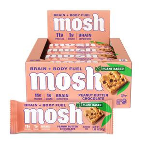 MOSH Plant Based Peanut Butter Chocolate Keto Protein Bars, High Protein, Gluten Free, Brain Healthy Snack with Ashwagandha, and Lion's Mane, 12 Count