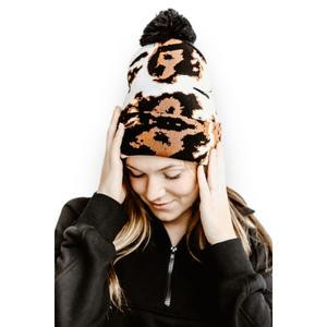 Cow Print Beanie with Pom