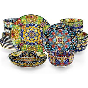 vancasso 12/18/24 Pieces Dinnerware Sets, Plates and Bowls Set, Porcelain Dishes Set for 4/6, Microwave and Dishwasher Safe, Scratch Resistant, Bohemian Style Dining Ware, Series SIMI