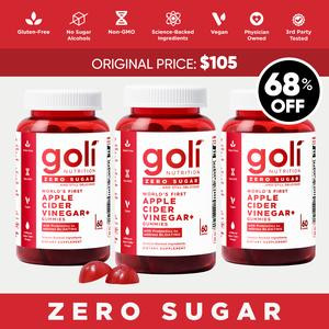3 Bottles of Goli Zero Sugar World's First Apple Cider Vinegar Gummies - Vitamin B12, Probiotics to Address Bloating. Vegan, Plant Based, Non-GMO, Gluten-Free & Gelatin-Free