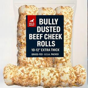 10-12” Bully-Dusted Beef Collagen Cheek Rolls (3 Pack) 100% Natural and Extra-Thick - Long-lasting for Big Dogs and Aggressive Chewers