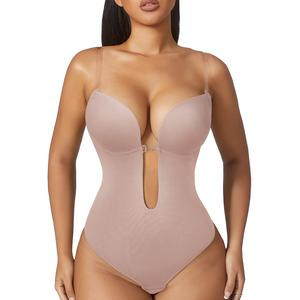 Stereoscopic Cups Backless Plunge Thong Shapewear Bodysuit - Pink Fabric Seamless full body