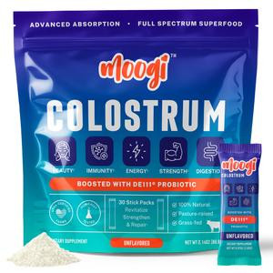 Moogi Unflavored Colostrum Powder - Hair Skin & Nail Growth With Clinically Tested DE111 - Beauty Supplement - Digestion & Fitness  - 30 Stick Packs