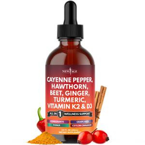 Cayenne Pepper Supplement Liquid Drops + Hawthorn Berry, Vitamin D3 K2 Beet Root Powder, Ceylon Cinnamon, Turmeric Curcumin, Organic Panax Ginseng