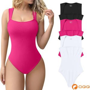 OQQ Women's 3 Piece Ribbed Bodysuits - Sexy Square Neck Sleeveless Tank Top Design - Stretchy  Soft Womenswear Underwear Lady Comfort Trendy