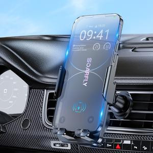 15W Wireless Phone Holder for Car - Auto-Clamp, 360° Adjustable, Touch Night Light, USB Adapter & Type-C Cable for iPhone/Android
