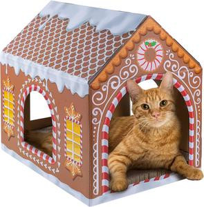 LiBa Cardboard Cat House with Scratch Pad and Catnip, Cat Bed, Christmas Decor, Cat Scratcher Christmas Decorations for Cat, Gingerbread Cat House