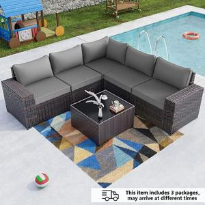 [3 packages delivery]Patio Furniture 6 Pieces Outdoor Sectional PE Rattan Sofa Set Brown Manual Wicker Patio Conversation Set with 5 Seat Cushions and 1 Tempered Glass Tea Table Ergonomic