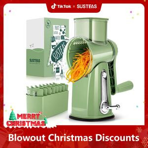 SUSTEAS Rotary Grater with Handle, with 5 Well-Designed Blades and Strong Suction Cup Base, Mandoline Slicer and Vegetable Grater Rotary Utensils