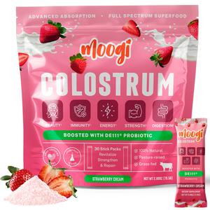 Moogi Strawberry Cream Colostrum Powder - Hair Skin & Nail Growth With Clinically Tested DE111 - Health & Wellness Dietary Supplement - 30 Sticks
