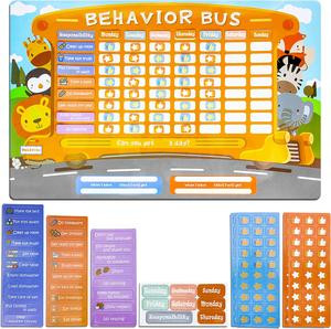 CLOVERCAT Chore Responsibility Star Chart for Kids | Multiple Kids | Reward Chart | Behavior Chart for Kids | Magnetic Chore Chart (School Bus)