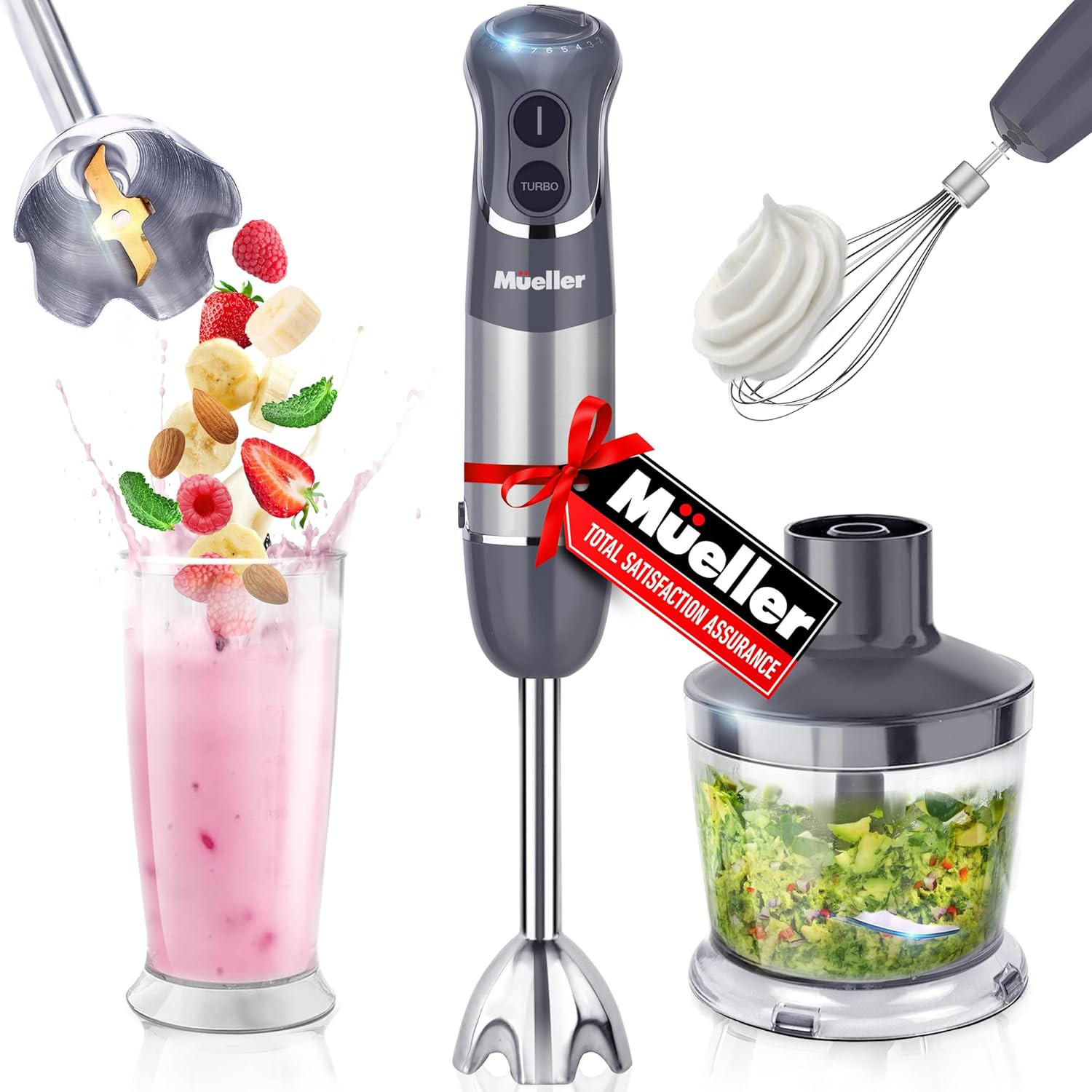 Mueller Smart Stick 800W, 12 Speed and Turbo Mode, 3-in-1, Heaviest Duty Copper Motor Immersion Blender, Titanium Steel Blades Hand Blender, Comfygrip Handle, Whisk, Beaker/Measuring Cup