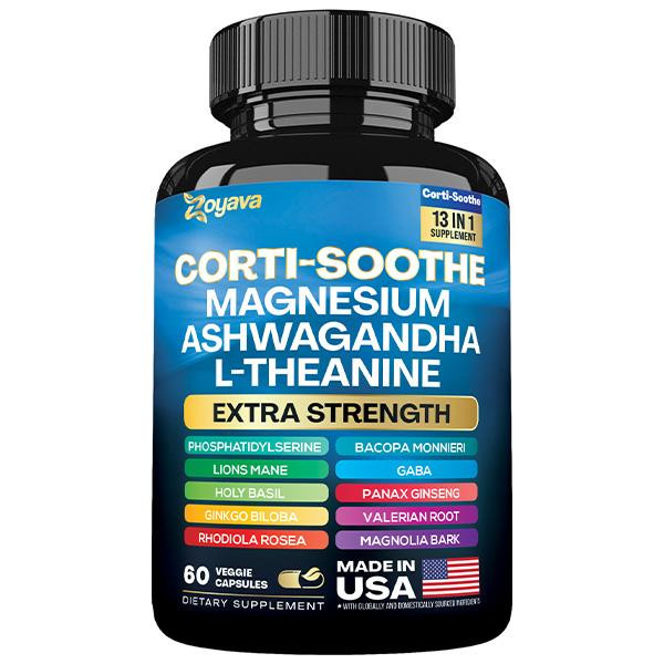 Zoyava Corti-Soothe Supplement, All-in-One Cortisol Supplement with Magnesium, Ashwagandha, L-Theanine & 10+ Extra Strength Ingredients, 60 Capsules, MADE IN USA
