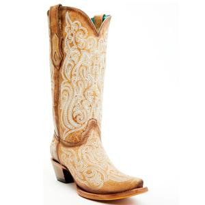 Corral Women's Straw Brown with Luminescent Embroidery Snip Toe Cowboy Boots