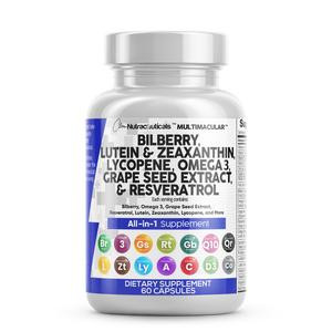 Eye Health Vitamins with Bilberry Lutein & Zeaxanthin 40mg Lycopene 40mg Resveratrol 3000mg Grape Seed Extract 6000mg Omega 3 4000mg Astaxanthin - Eye Vitamin for Vision - 60 USA Made Capsules Supplement Fitness