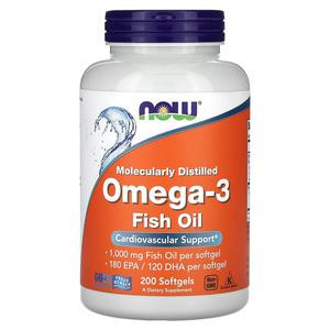 NOW Foods Omega-3 Fish Oil, 1,000 mg, 180 EPA -  120 DHA, 200 Softgels