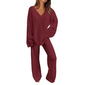PrettyGarden Women's Casual 2-Piece Lounge Set  High Quality Chunky V Neck Tops Wide Leg Long Pants Basic Tracksuit Women's Lounge Wear Lady Minimalist Valentine's Gift
