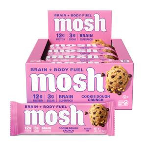 MOSH Protein Bars, Cookie Dough Crunch, 12g Grass-Fed Whey Protein, Gluten-Free, Brain Health Support with Lion’s Mane & B12 - 12 Pack