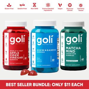 3 Bottles of Goli Best Sellers: Ashwagandha KSM-66 & Vitamin D2, Apple Cider Vinegar & Vitamin B12, Matcha Mind & Cognizin