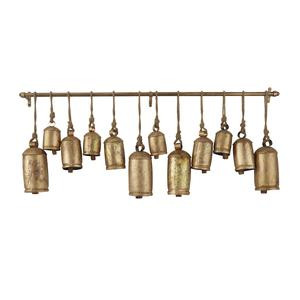 Metal Tibetan Inspired 12 Bell Indoor Outdoor Decorative Cow Bells with Hanging Ropes and Rod