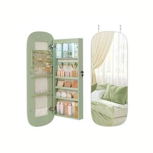 【Gift Idea】SONGMICS Jewelry Organizer, LED Jewelry Cabinet Wall or Door Mounted, Lockable Rounded Wide Mirror with Storage, Interior Mirror, Christmas Gifts, White Surface with Greige Lining