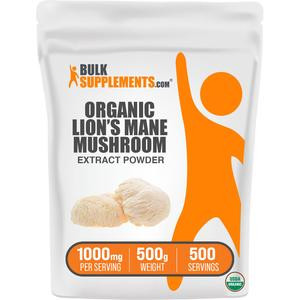 BulkSupplements.com Organic Lion's Mane Mushroom Extract Powder - Dietary Supplements - Edible - Fitness - Certified Organic - Mushroom Powders - 100g-1kg - 1000mg per Serving